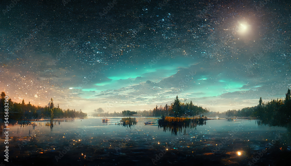 星光闪烁的夜晚，美丽的山脉和湖泊的壮观自然背景，