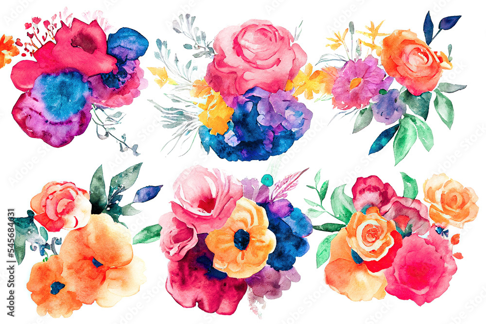 花束套装水彩画作品设计。春夏花卉自然风格