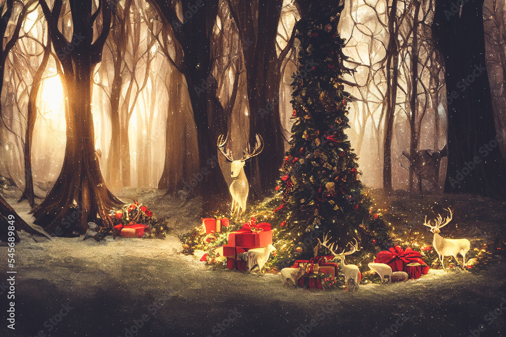 美丽的鹿和松林中的圣诞节，用壮观的礼盒和花色装饰