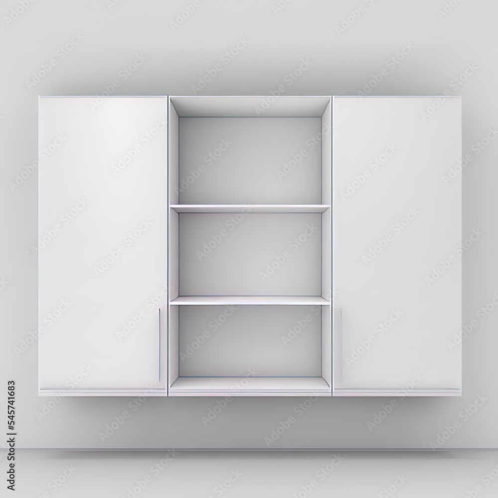 墙上有架子的白色空橱柜的3D模型。厨房家具或办公室书架