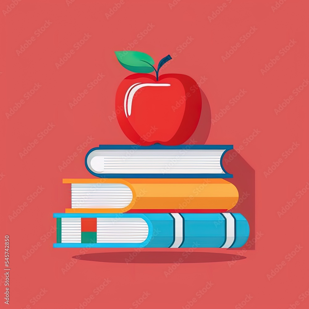 书本和苹果图标。书本和红苹果的教育符号堆栈。现代平面图标