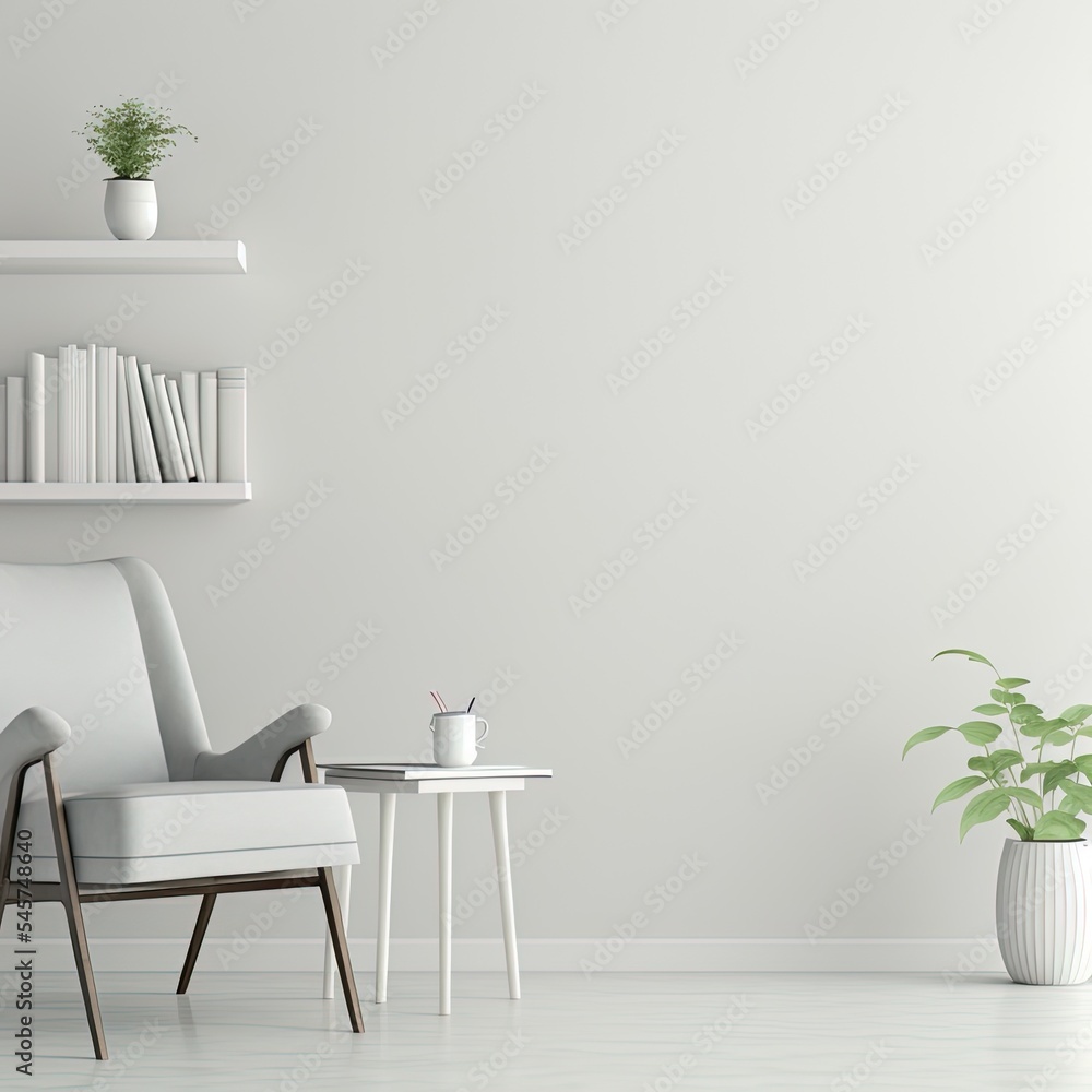 干净的白色客厅室内的空墙模型，带椅子、书架、书籍和花瓶里的植物