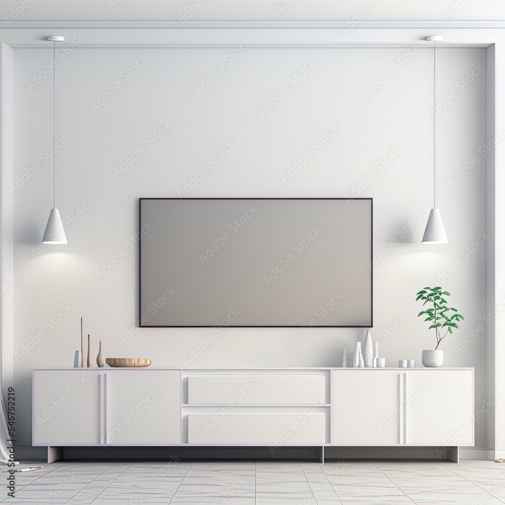 客厅电视柜和墙，实体白墙，3D渲染