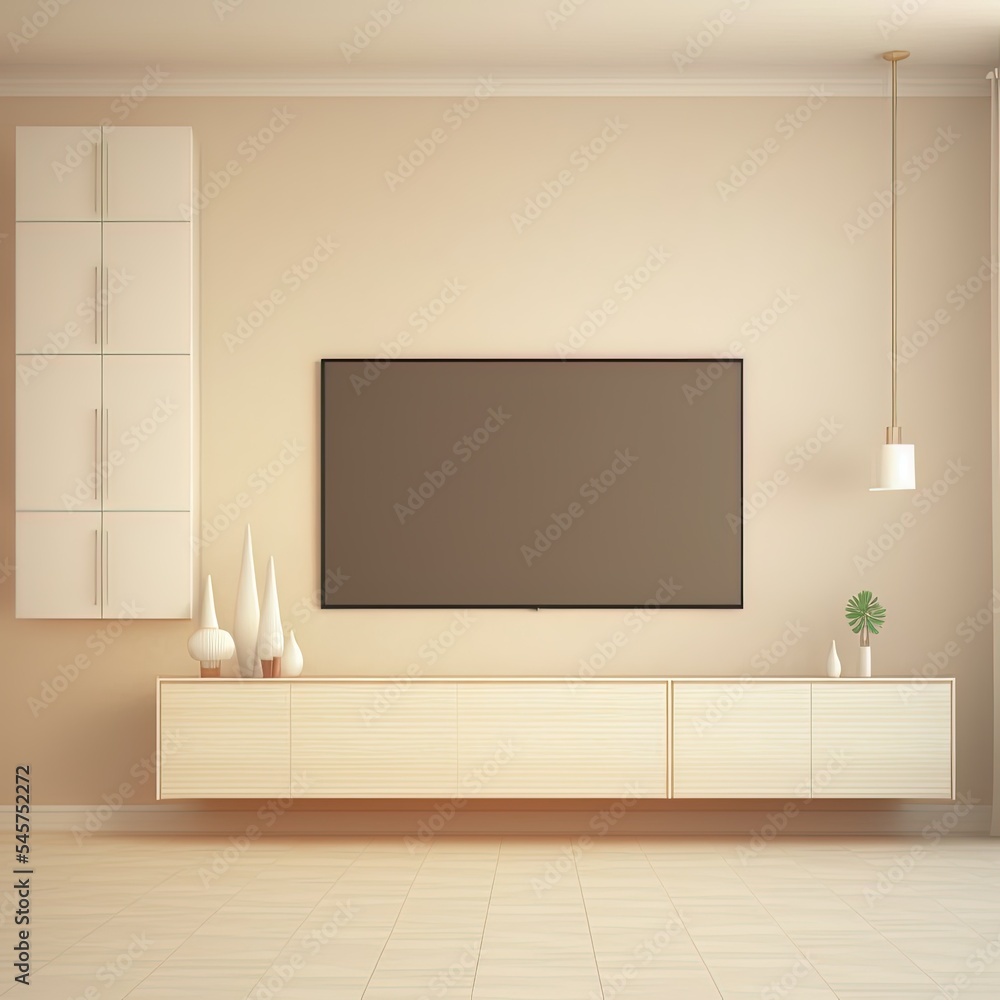现代客厅内部，米色墙壁背景上有电视柜，三维渲染