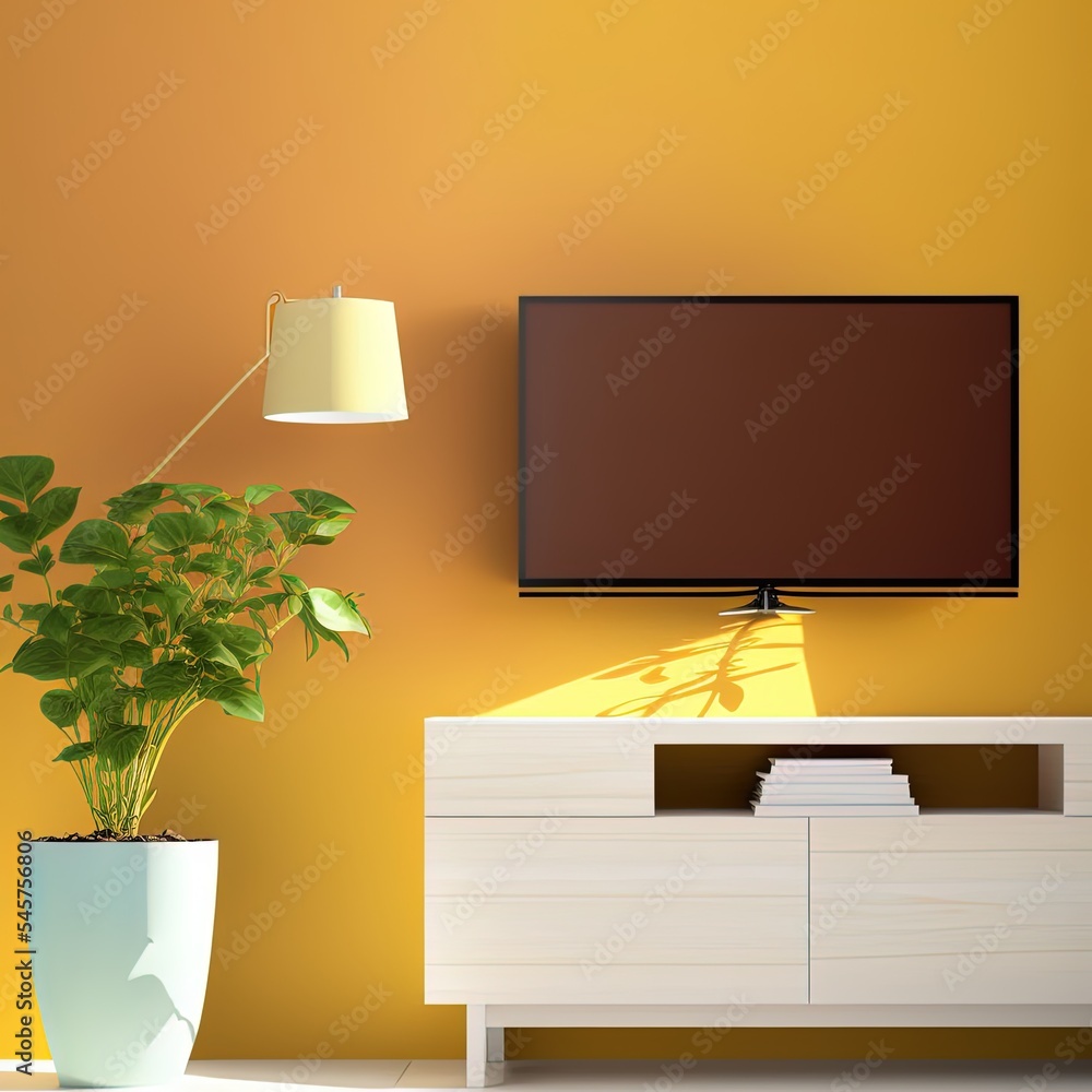 现代客厅橱柜上的电视，黄色照明墙上有灯、桌子、花草