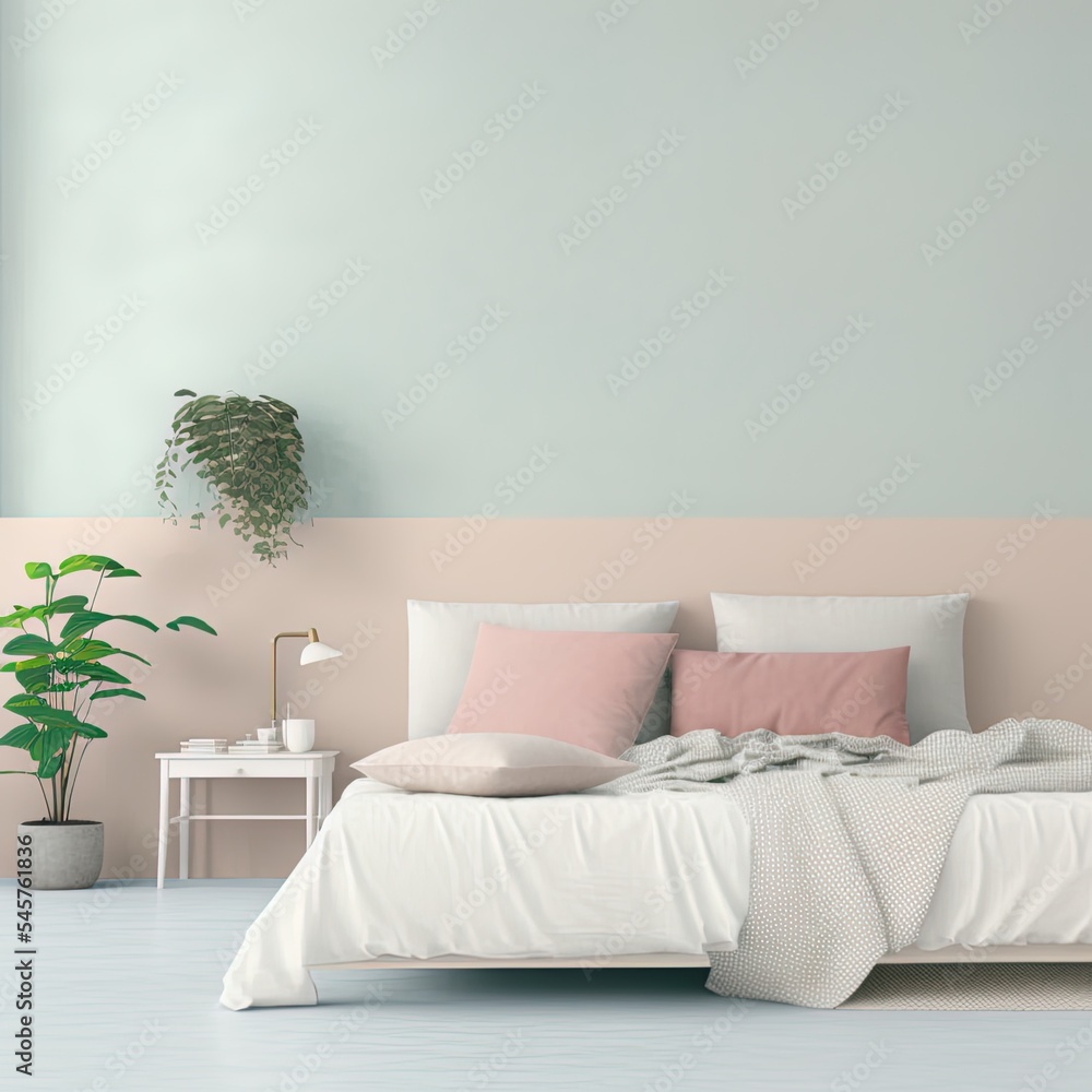 家庭内墙实体模型，在柔和的最小卧室里有未制作的床、垫子和植物。自由空间