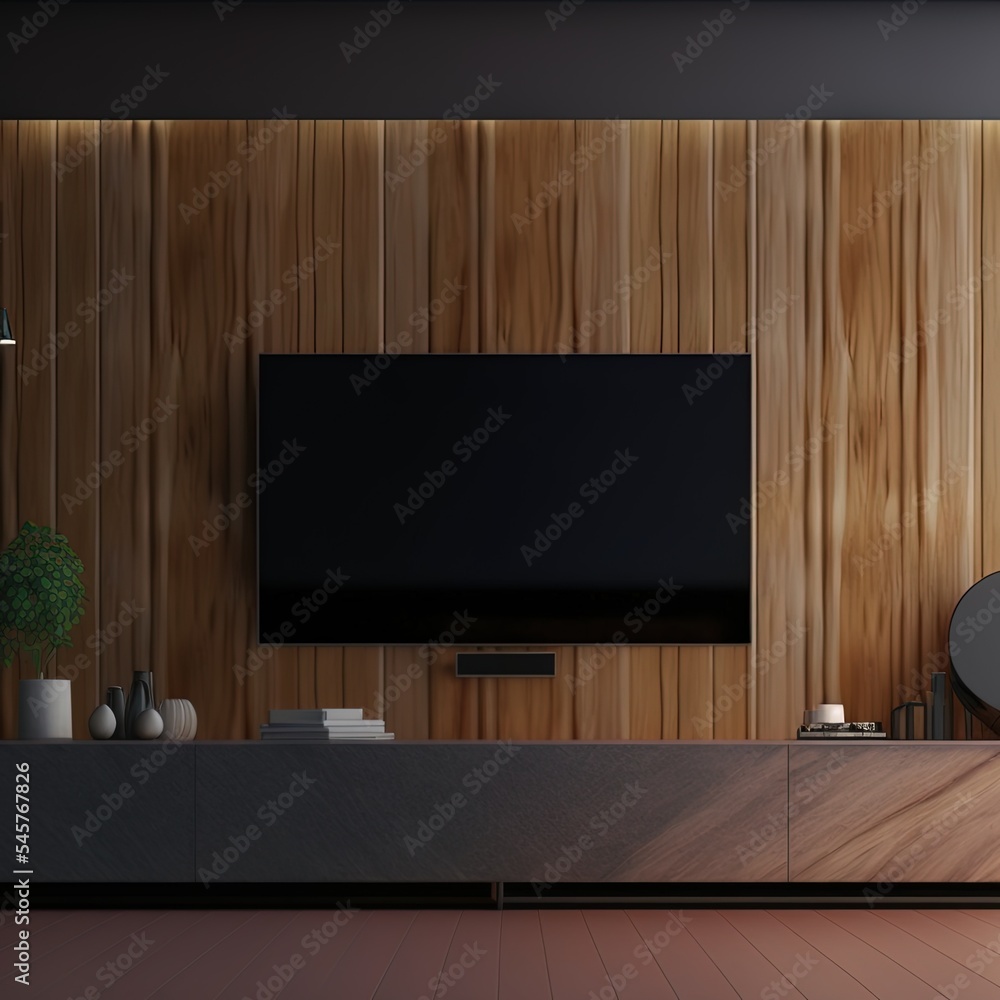 现代客厅的木制壁挂电视，深色墙背景装饰。3D效果图