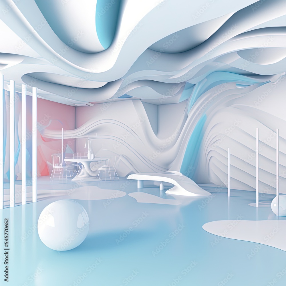 抽象的动态内部，白色光滑的物体和渐变色的波浪室。3D插图