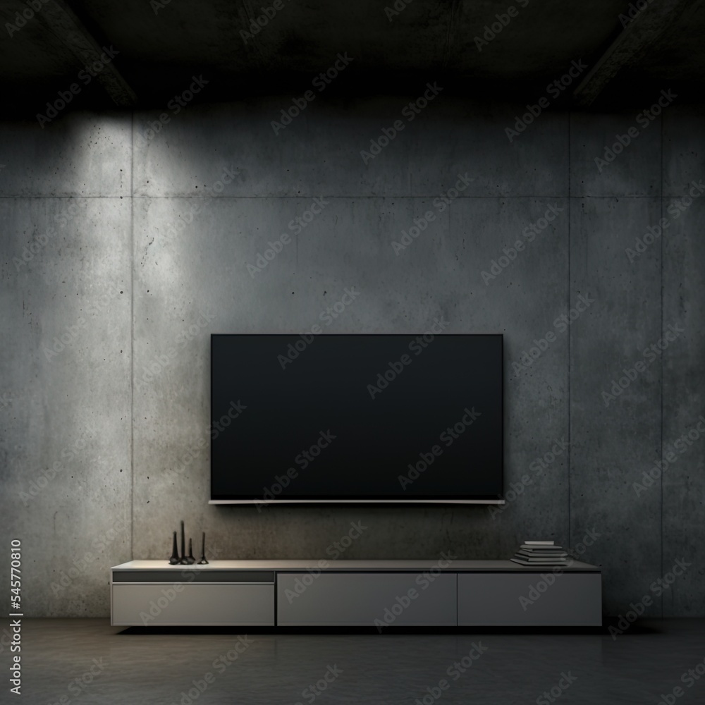 安装在暗室中的电视墙模型，混凝土墙.3d渲染图