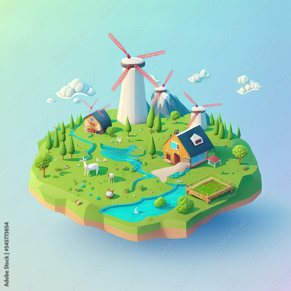 有房子和绿色能源风车的3D农场。休闲游戏设计的低多边形世界。浮动isom