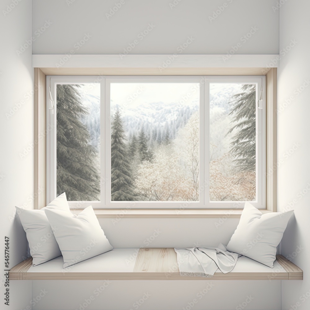 侧窗座椅3d渲染。有白色房间，木质座椅，用许多枕头装饰。有大窗户