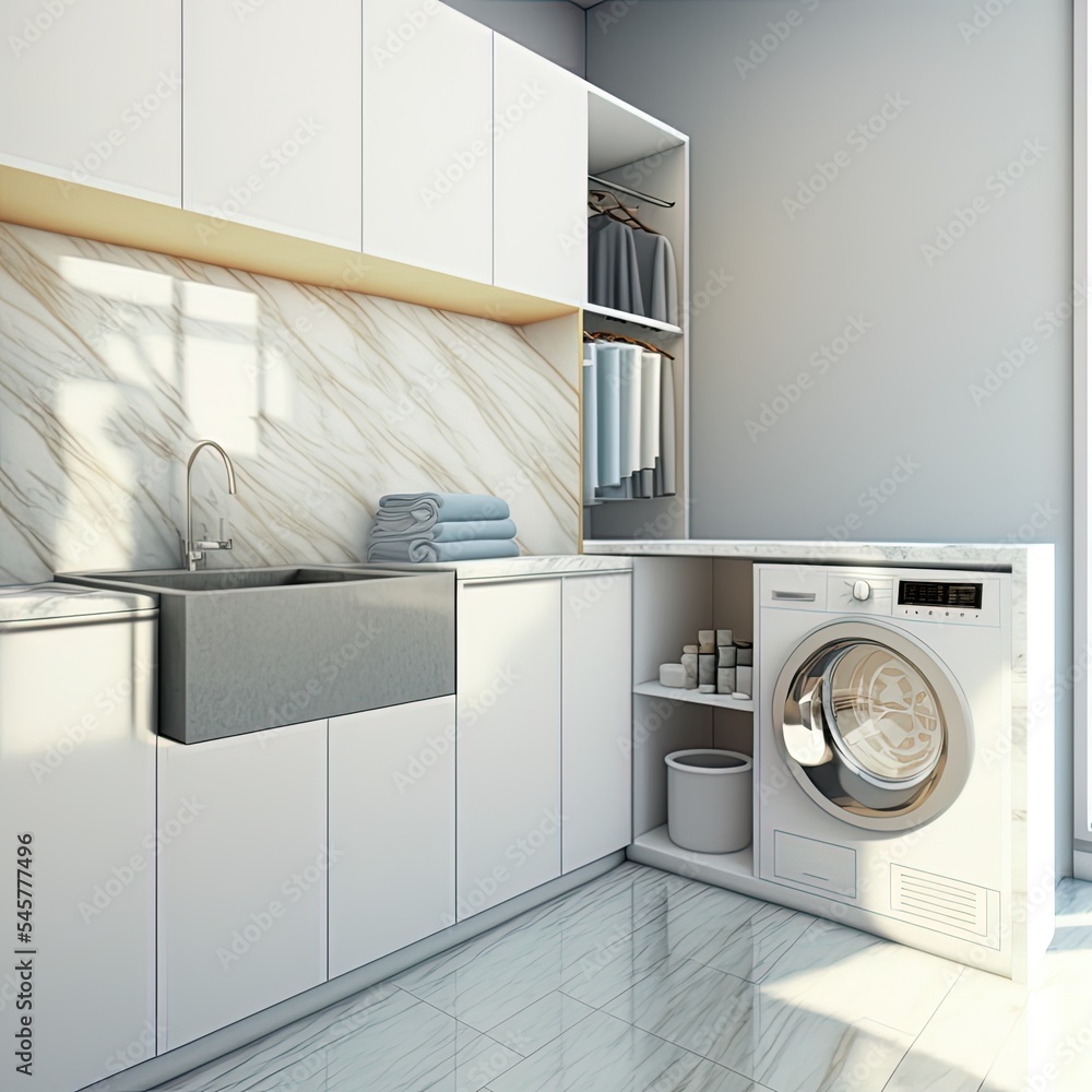 3D渲染洗衣柜，配有洗衣机和洗涤剂储存空间，台面配有wa