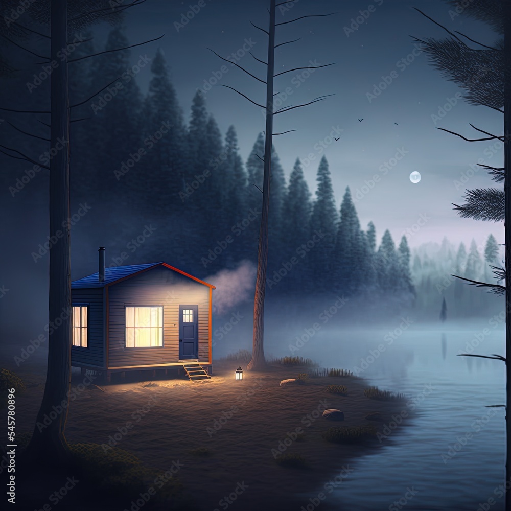 寒冷的夜晚，在针叶林中，雾蒙蒙的湖畔，一座隐蔽的小房子l
