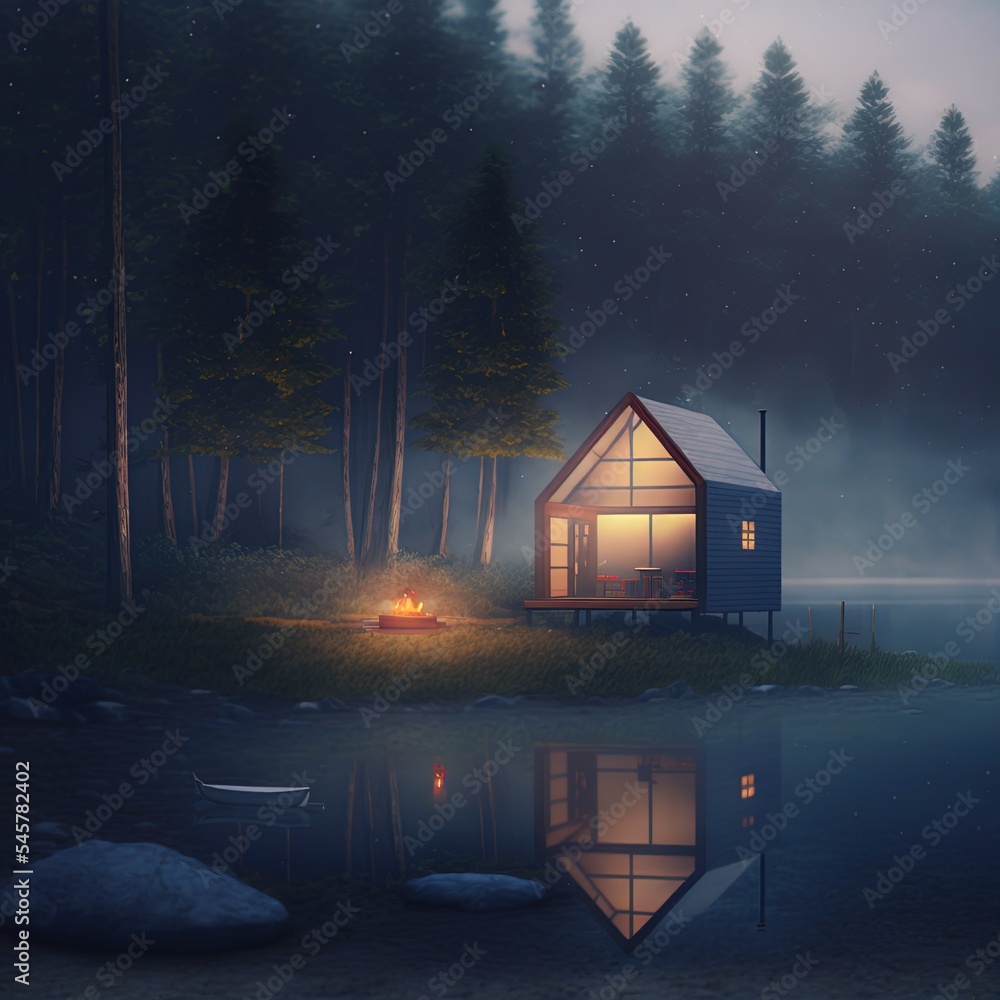 Secluded tiny house on the sandy shore of a lake with fog in a coniferous forest in the cold night l