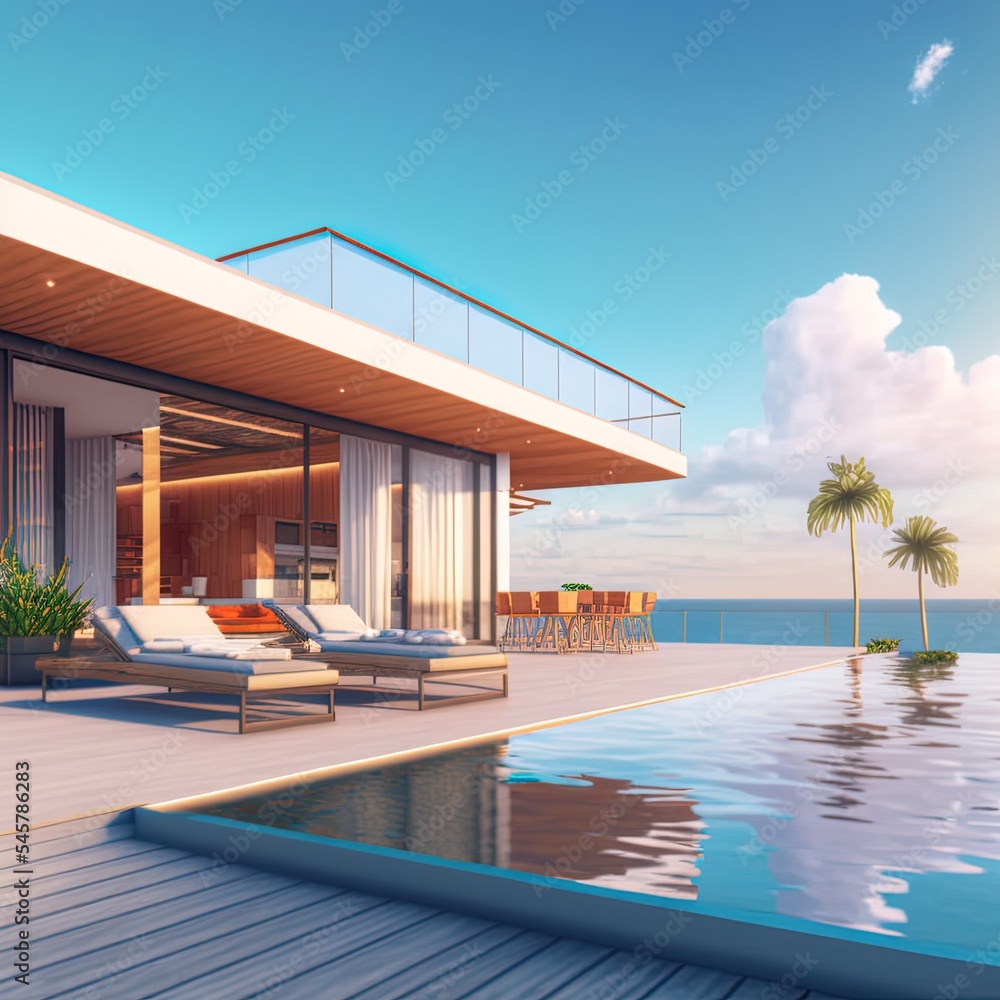豪华海滨别墅，带海景游泳池和现代设计的露台，木质躺椅