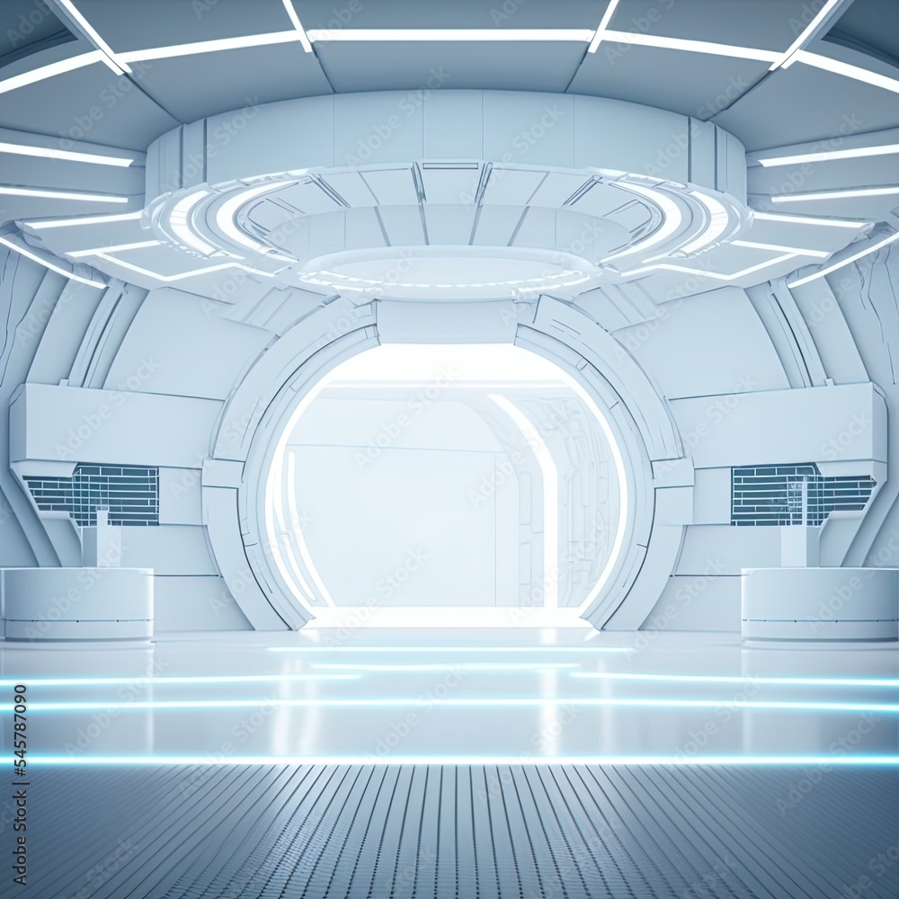 空舞台的未来主义室内。现代未来背景。科技科幻高科技概念。3