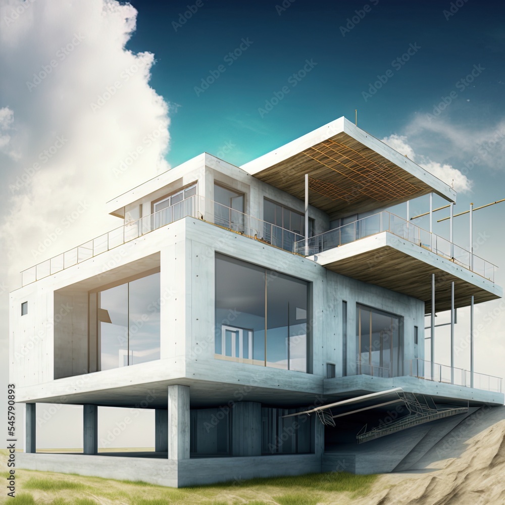 在建现代住宅的3D渲染图