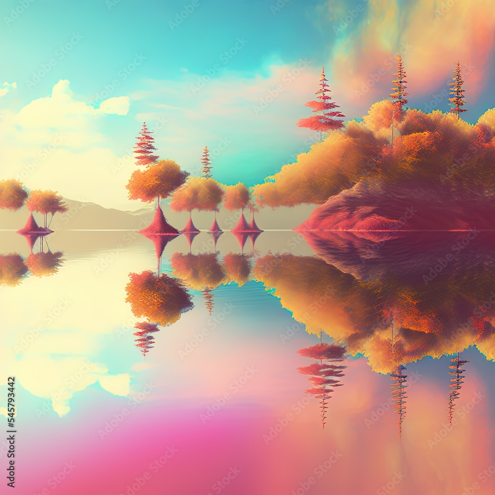魔幻世界。抽象景观、超现实湖泊和倒影。艺术、创造力和想象力。3d