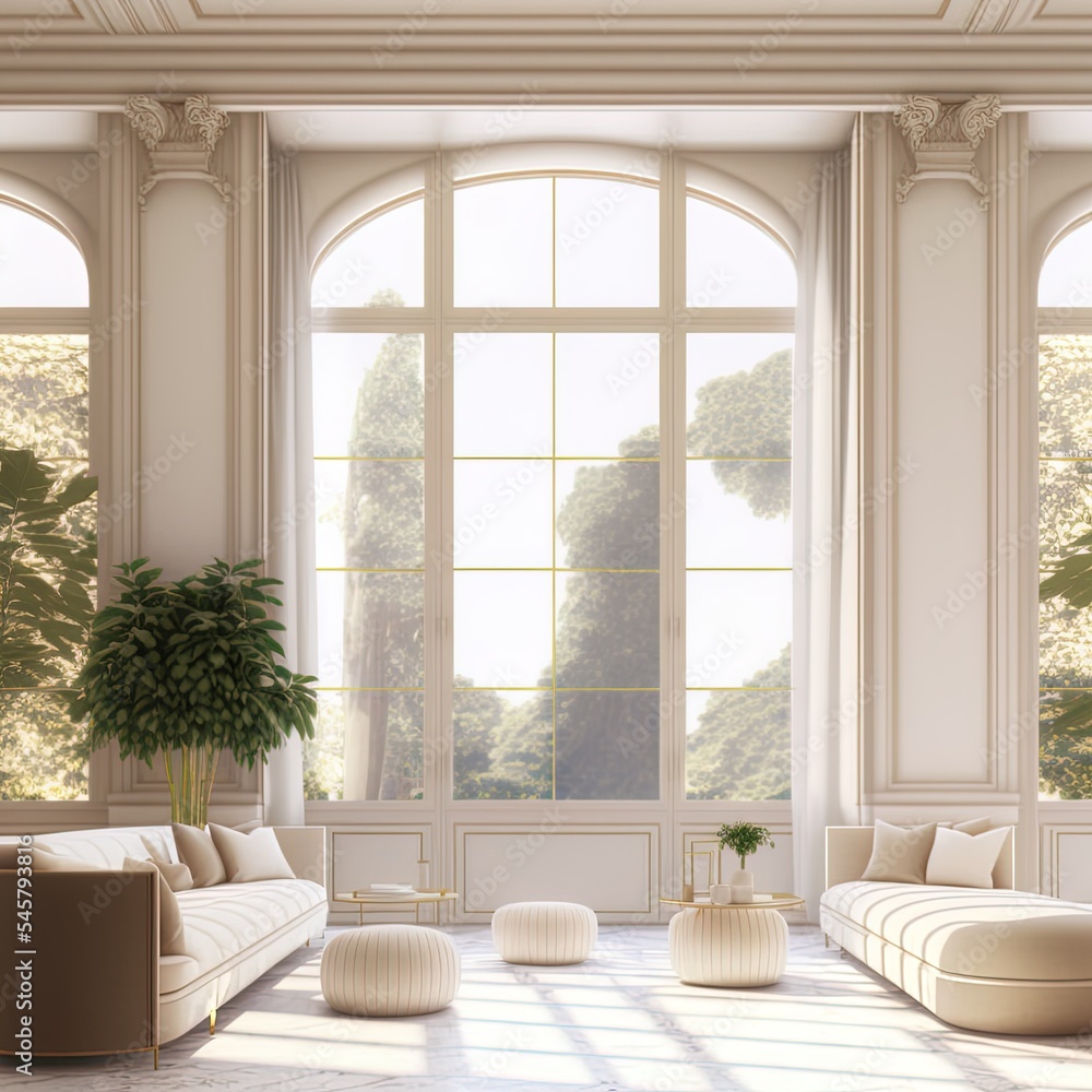 现代豪华室内背景，带全景窗和自然景观、植物、经典镶板墙