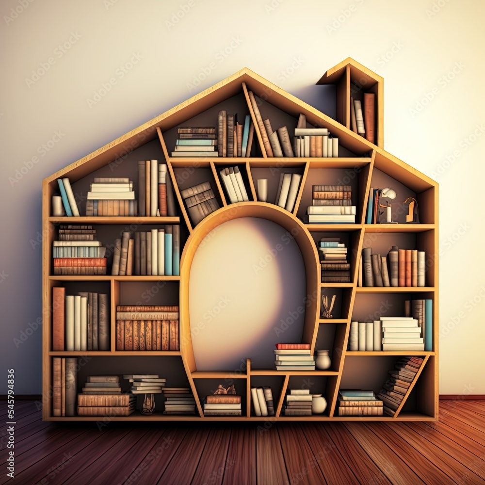 房子形状的书架，家庭书架概念三维渲染