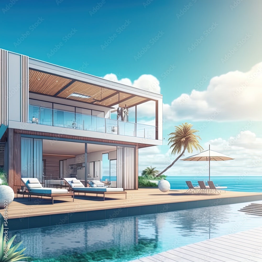现代设计的带海景游泳池和露台的豪华海滩别墅，木质躺椅