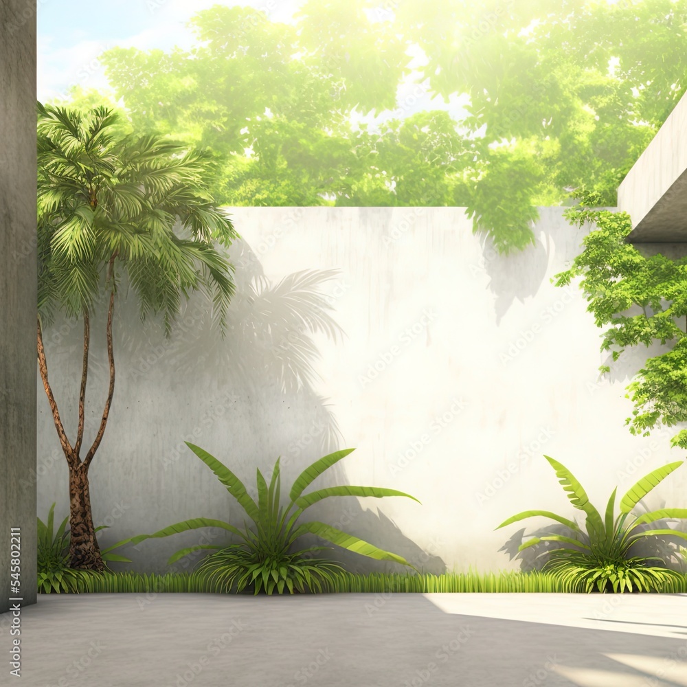 热带风格花园3d渲染的空混凝土外墙，用热带风格的树装饰
