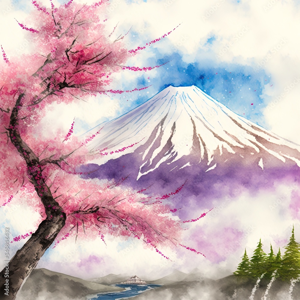 富士山和樱花。手绘水彩画。