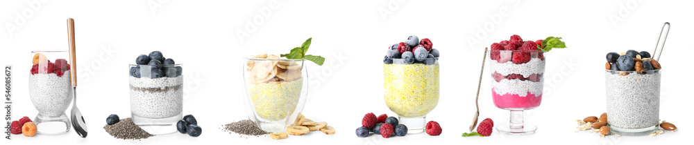 Group of tasty chia pudding with fruits and nuts in glasses on white background