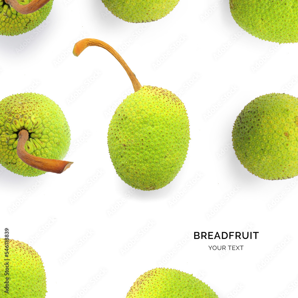 Creative layout made of breadfruit on the white background. Flat lay. Macro  concept.