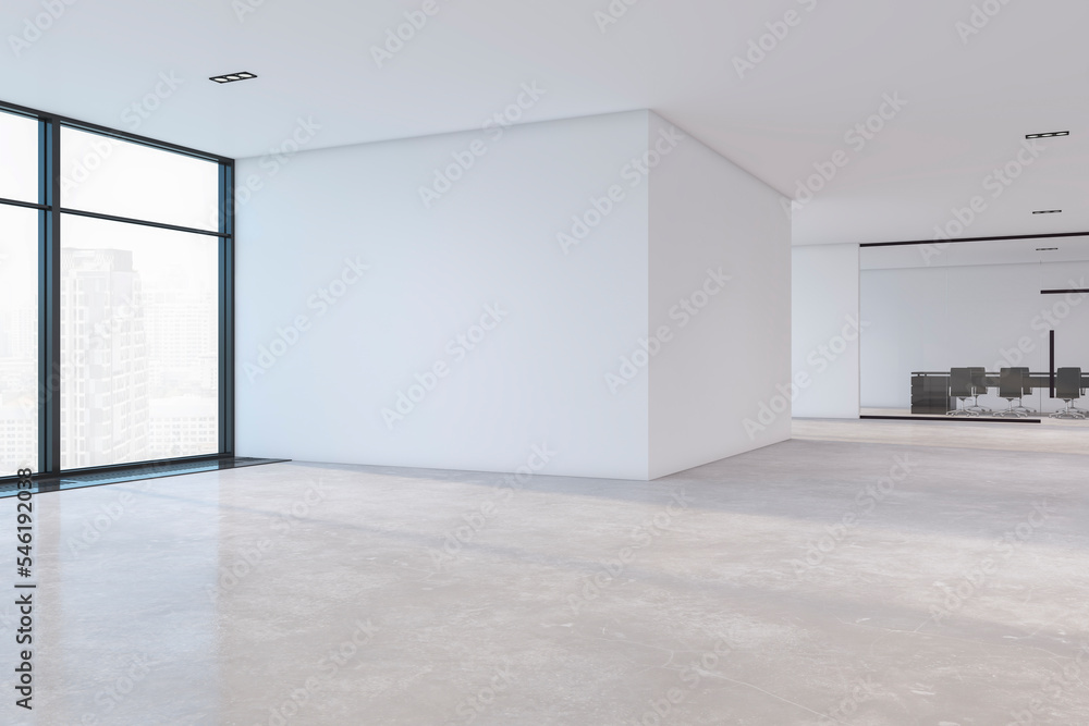 现代会议室走廊内部，玻璃墙、城市景观窗户和空白模型