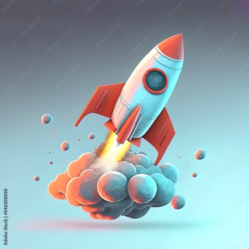 3d卡通风格的最小宇宙飞船火箭图标。玩具火箭上升，喷出烟雾。启动，太空，b