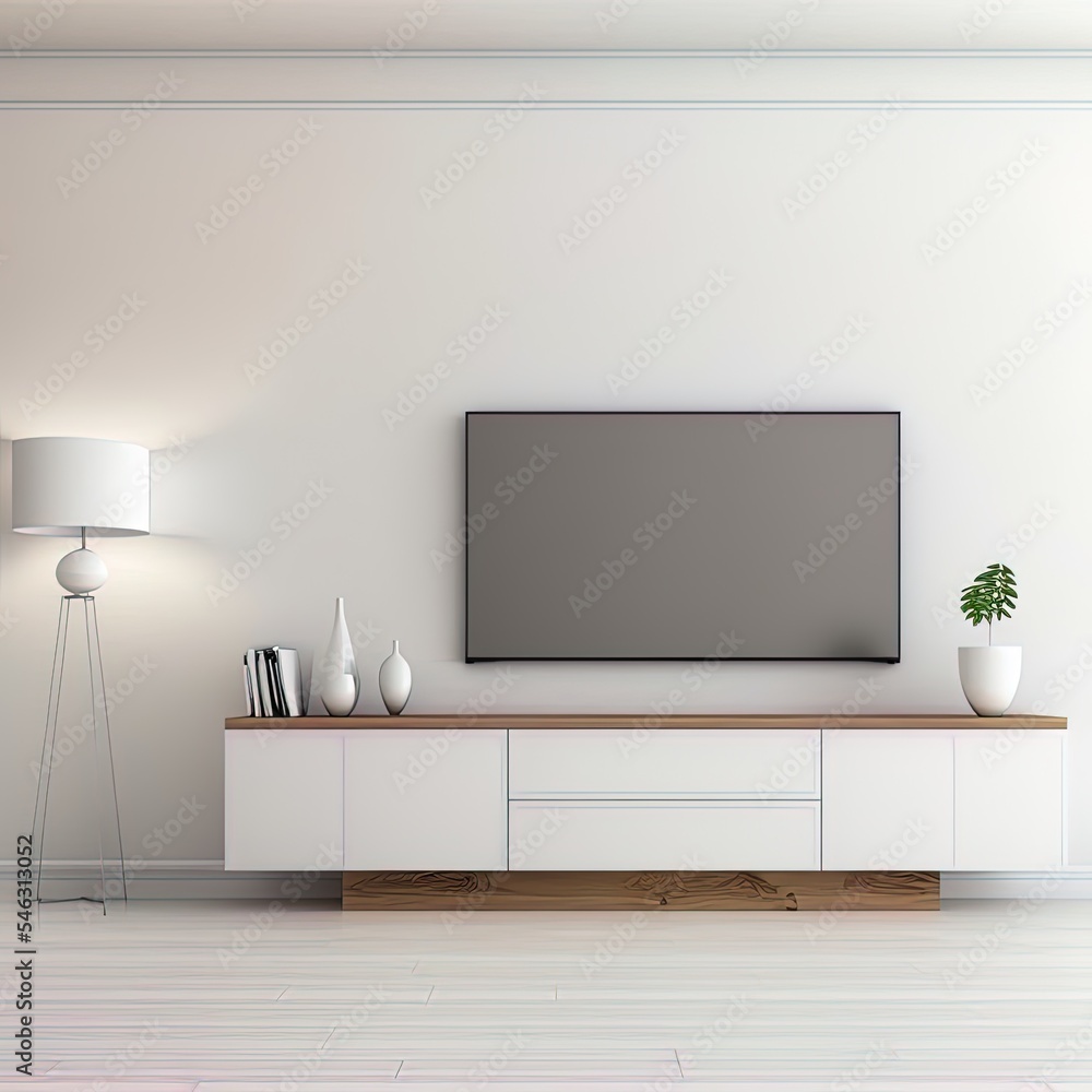 现代客厅橱柜上的电视，白墙背景，3d渲染高品质插图