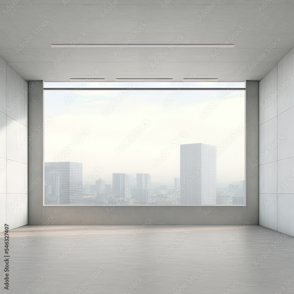 空荡荡的大厅中心的轻质混凝土空白墙，有大窗户和城市景观。实物模型。3