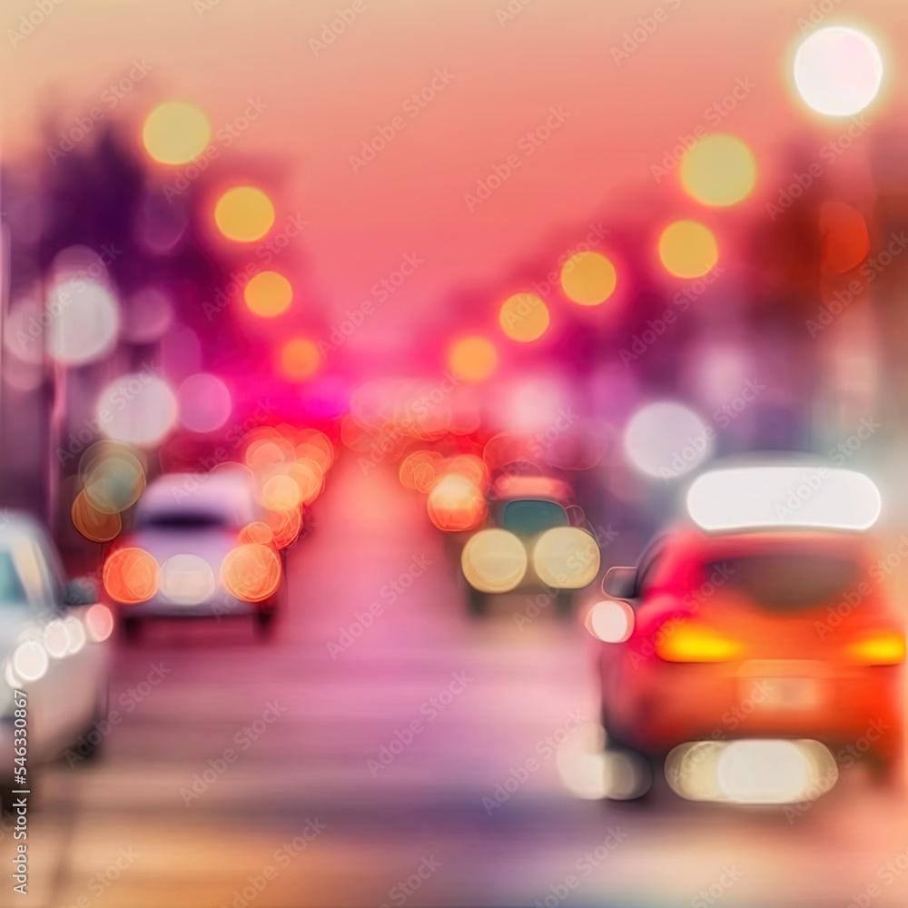 Defocused street light photo, blurry road building car and people with colourful bokeh, light are re