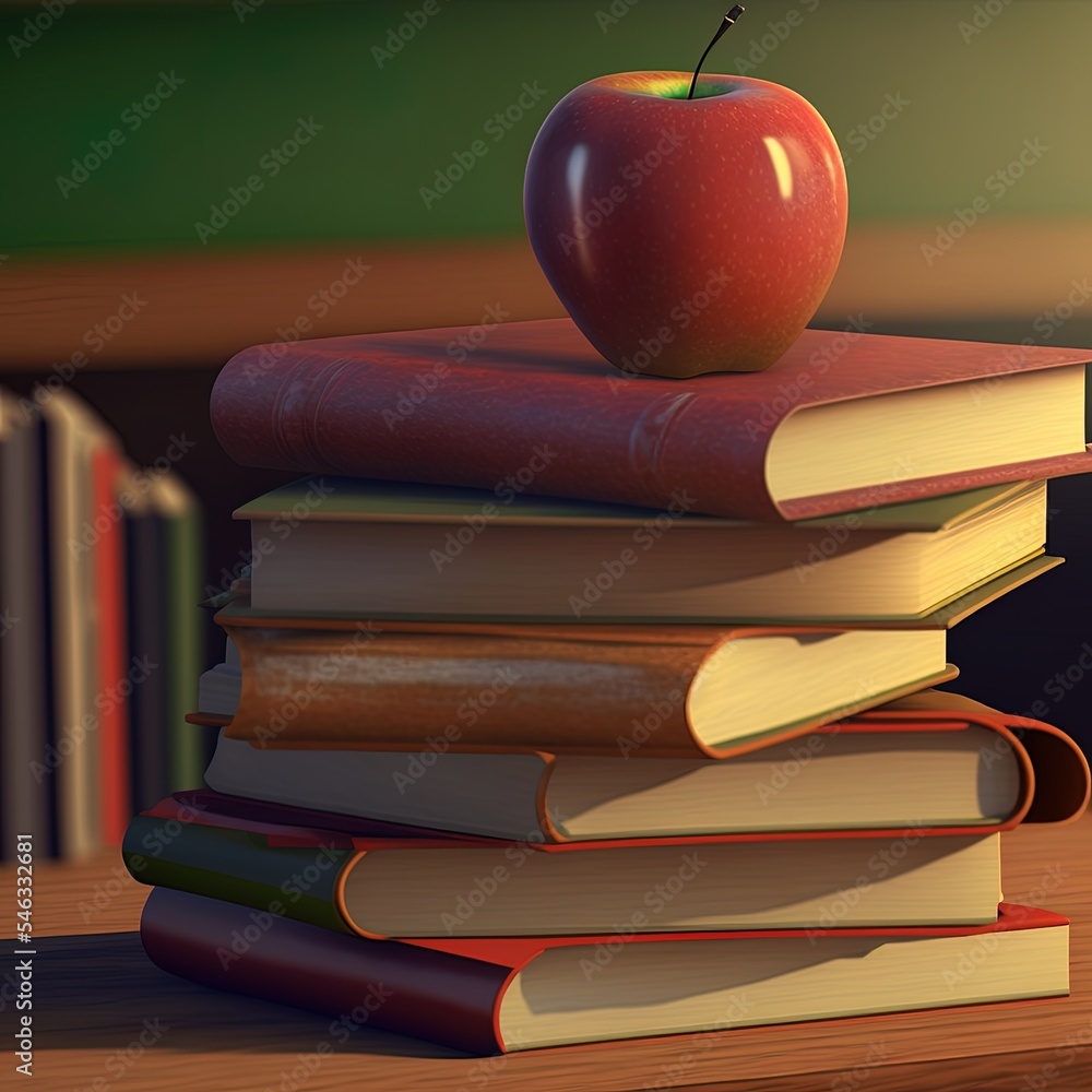 3d render of stack of books with apple on top