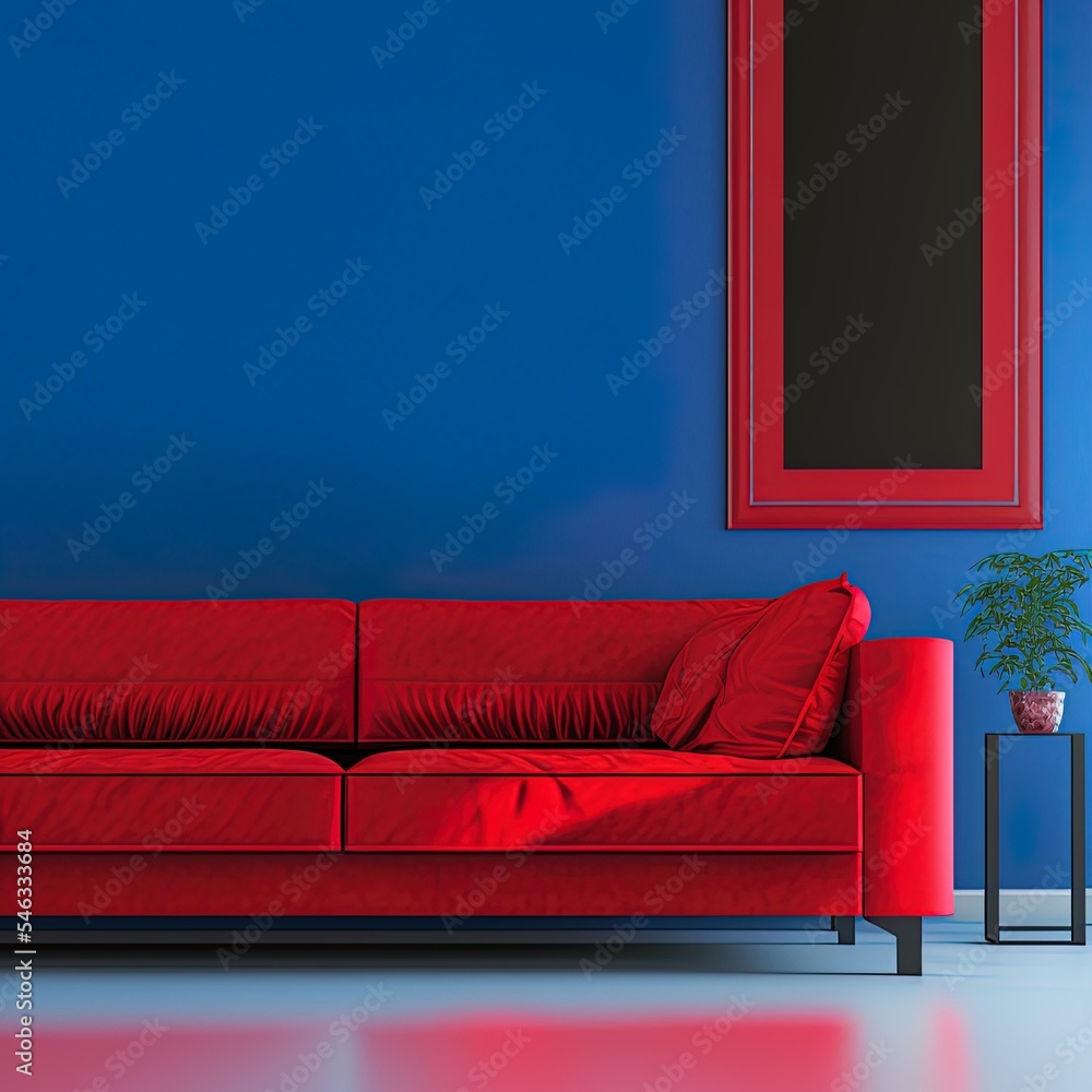 红色沙发和炭蓝色极简主义室内高质量插图