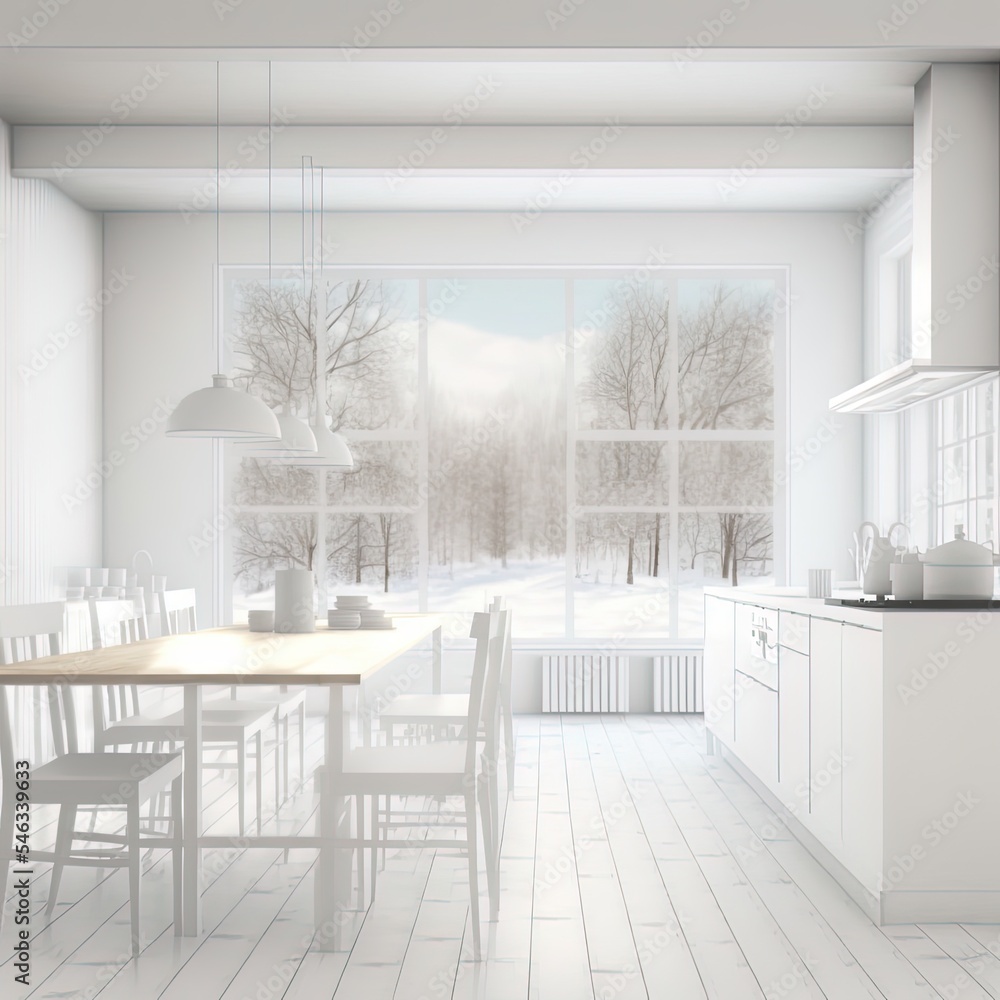 白色极简主义厨房室内，木质地板上有餐具家具，装饰在大窗户上