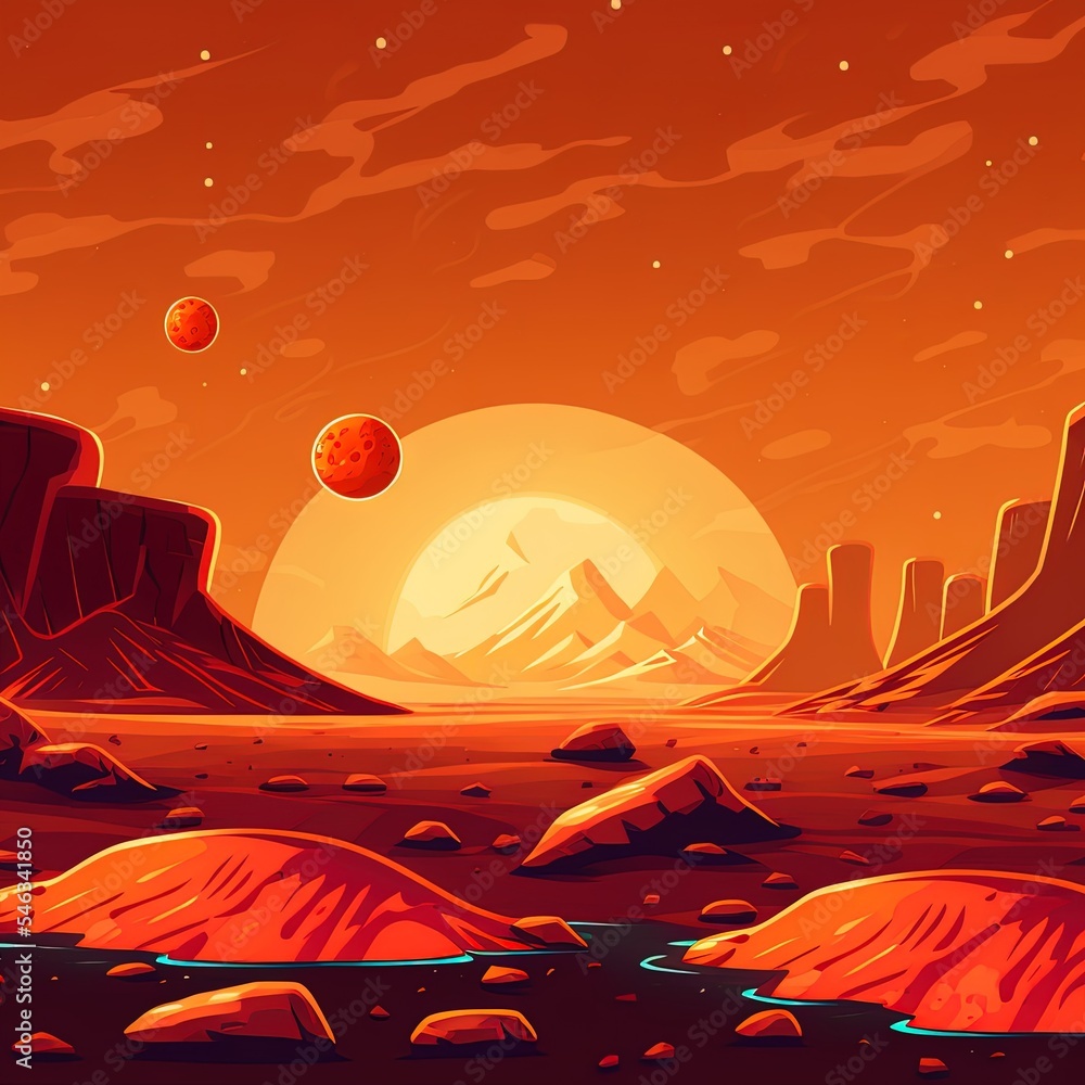 火星表面，外星景观。太空游戏背景，橙色地面，山脉，星星，Sa