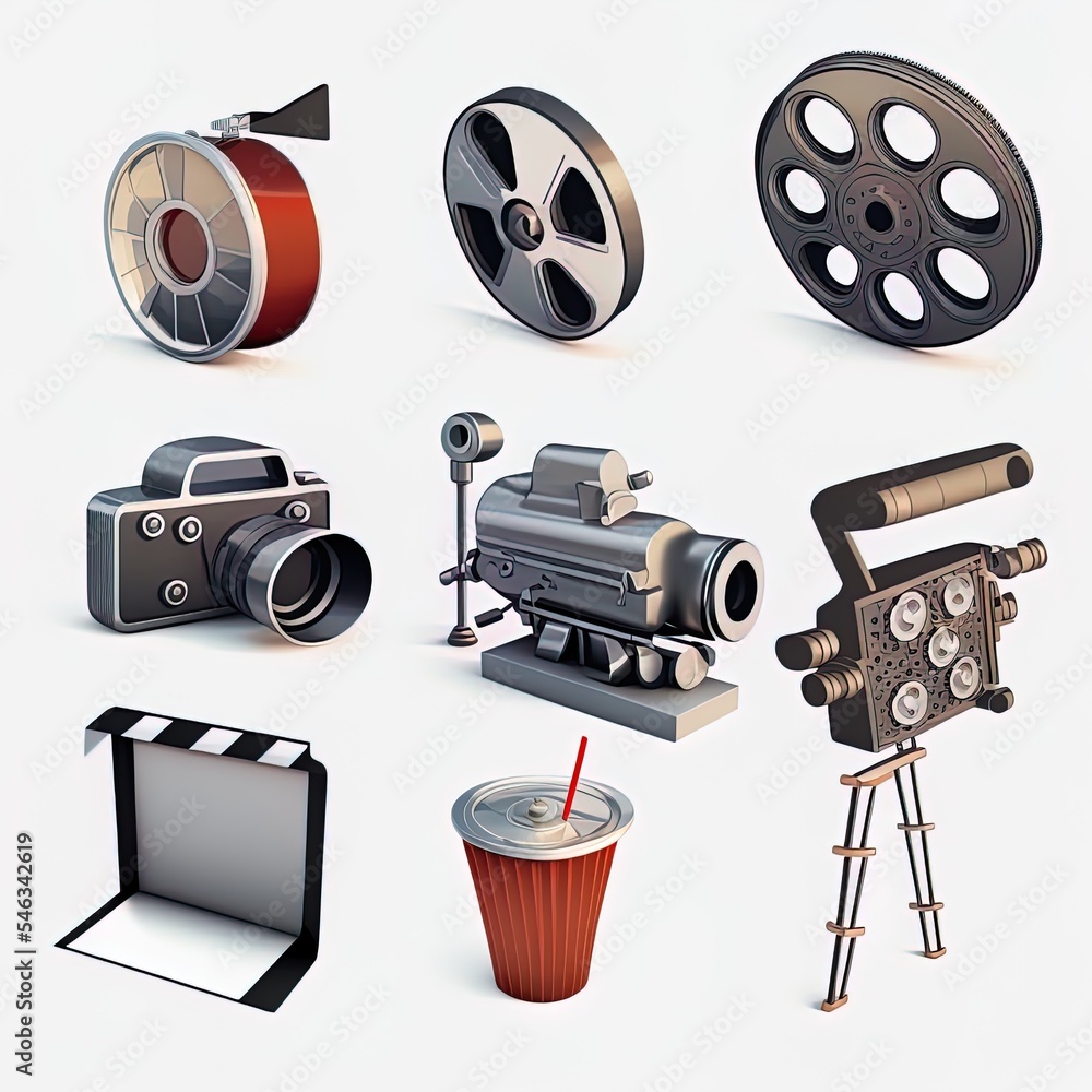 3d渲染插图。电影、视频、电影制作主题的9个图标集合。简单符号