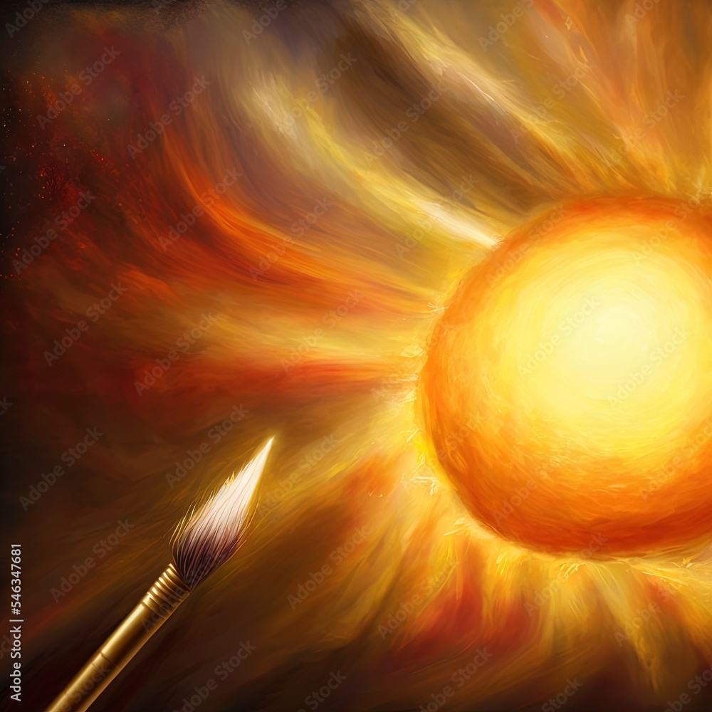 艺术家用画笔画太阳。高质量插图。
