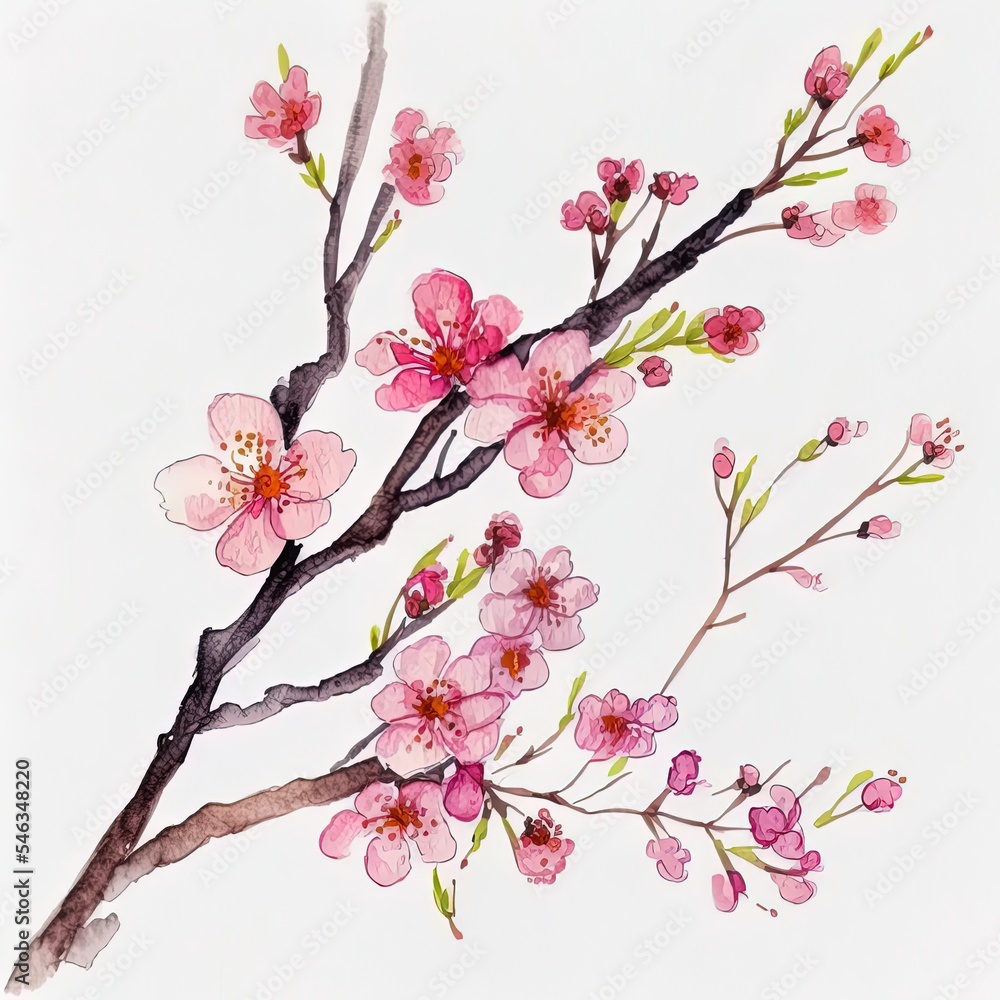 水彩画樱花。白色背景上有花朵的树枝。p上的手绘