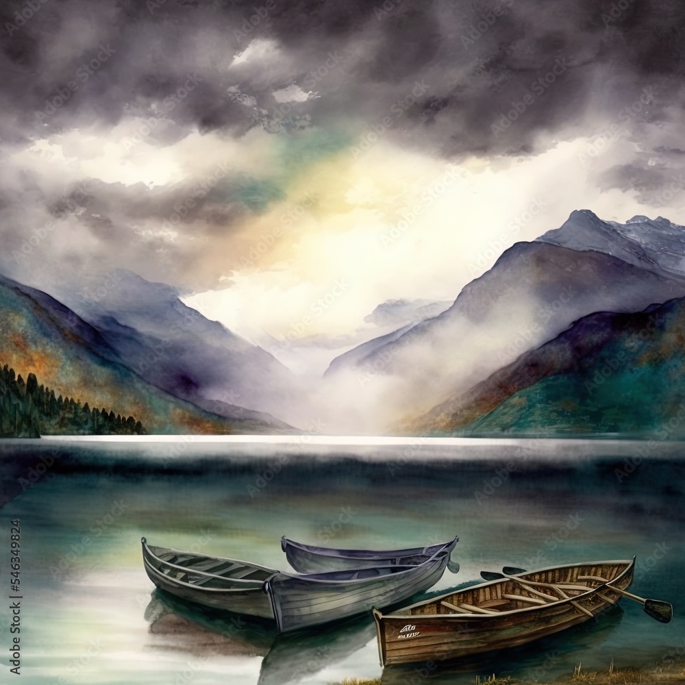 美丽忧郁的暴风雨天空在令人惊叹的山脉和湖泊景观上形成的水彩画