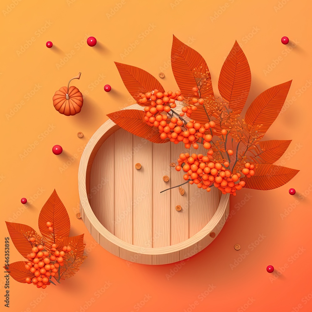 木质讲台上看到了橙色背景下的一棵树，上面有秋天的罗望子浆果和树叶俯视图