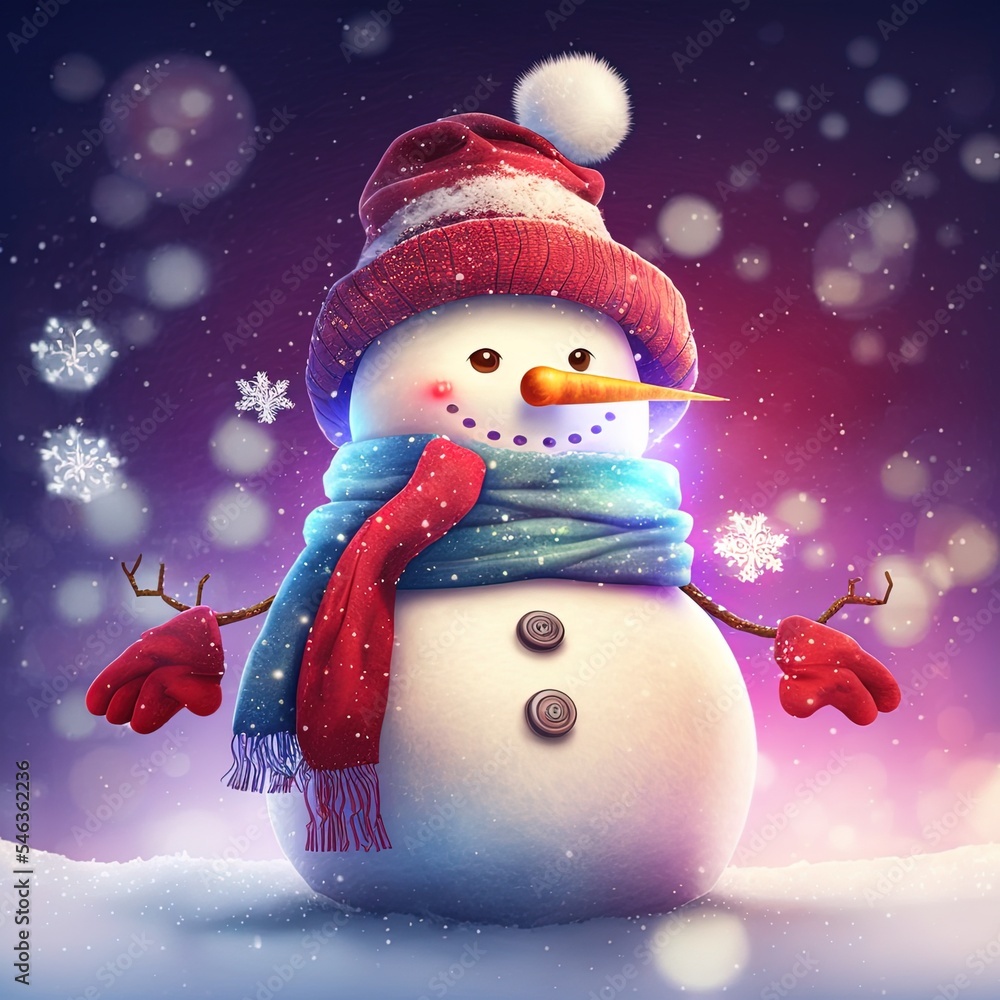 冬天的圣诞节背景。圣诞快乐，和雪人在一起的新年贺卡。