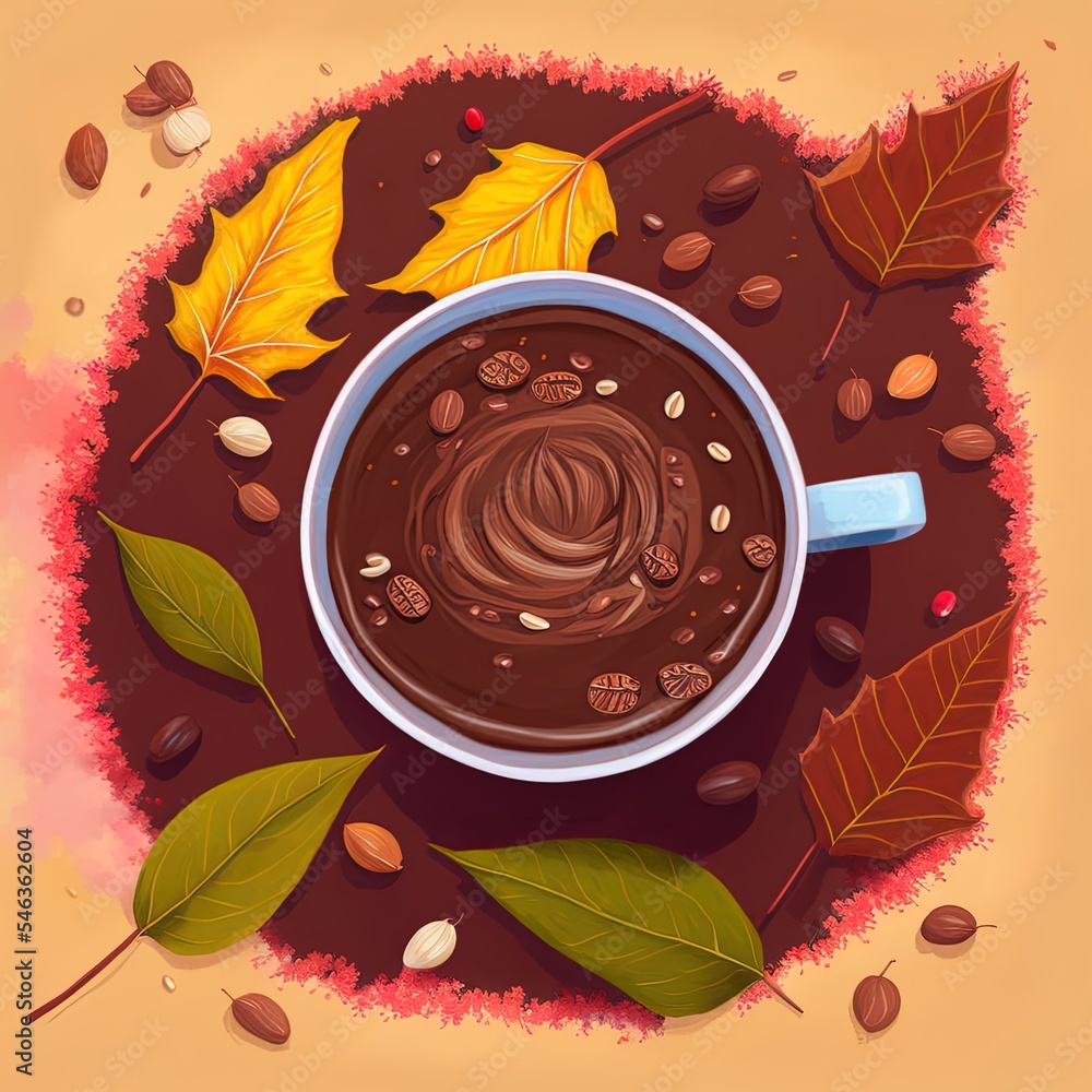 秋季构图秋叶环绕的热巧克力杯平躺，俯视图，动漫风格