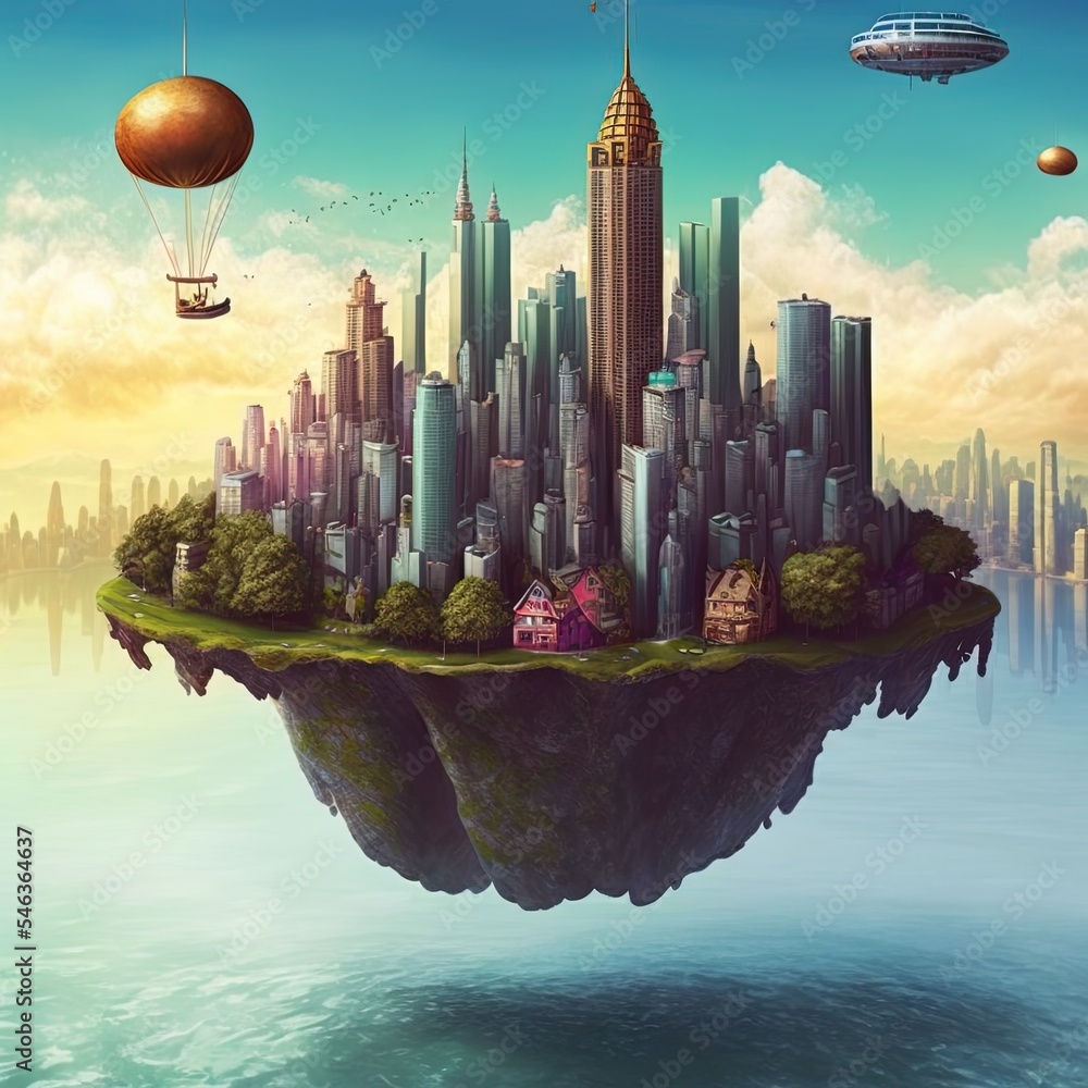梦幻岛漂浮在空中，拥有现代城市天际线。