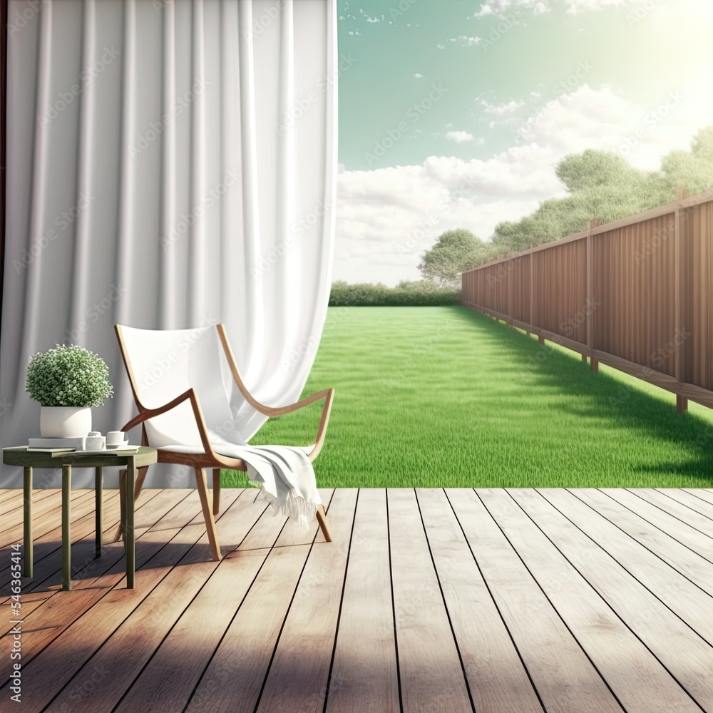 带绿色草坪的木制露台，用白色织物椅子进行三维渲染装饰，高品质插图