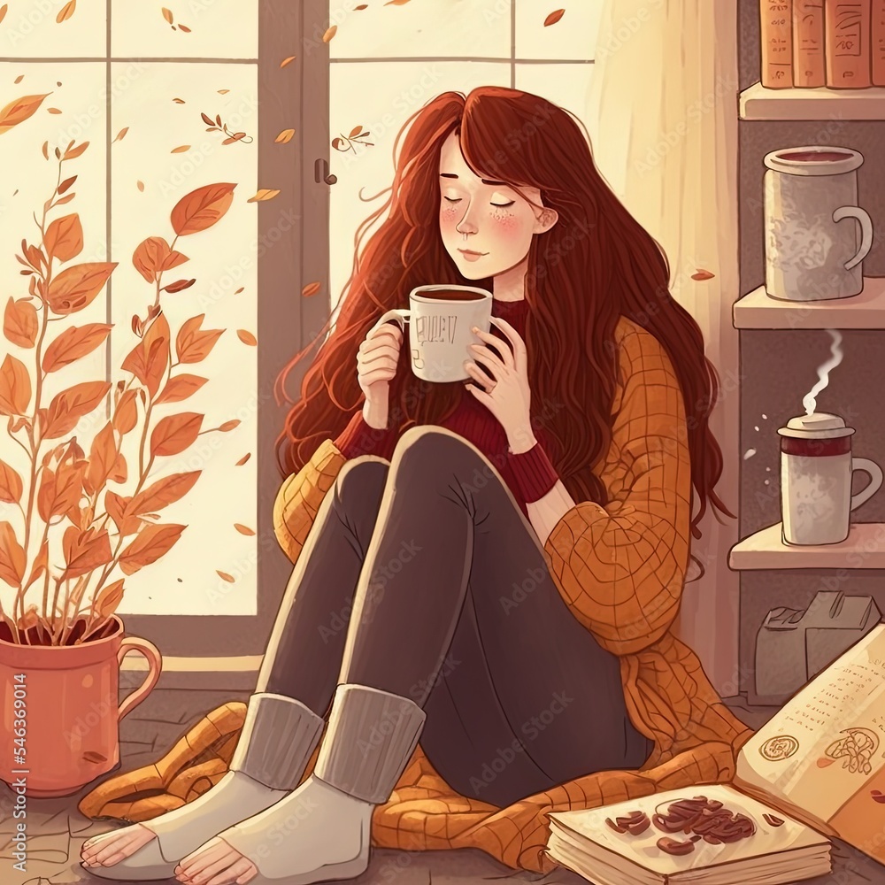 舒适的秋天在家，一个女人拿着茶和一本书休息一种舒适的生活方式身体在堆肥中