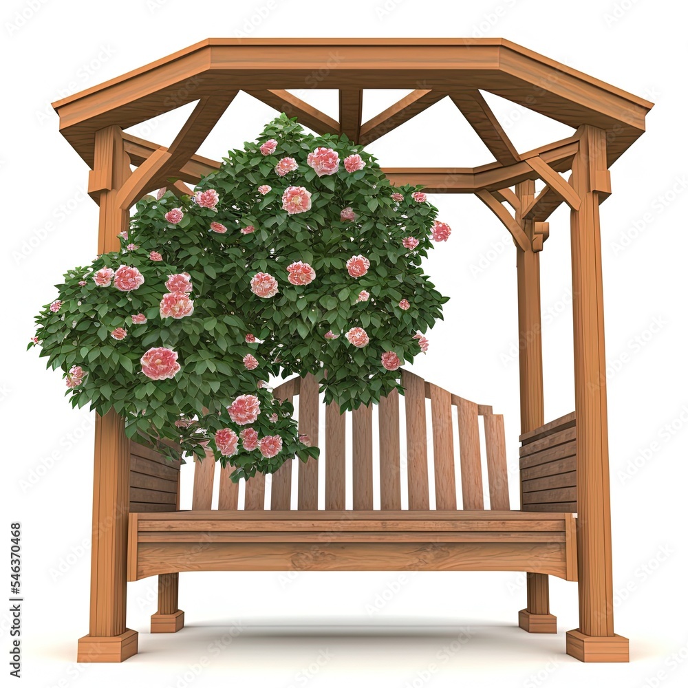 三维逼真的木制屋顶花园长椅，白色背景上的六边形茶花。3d渲染