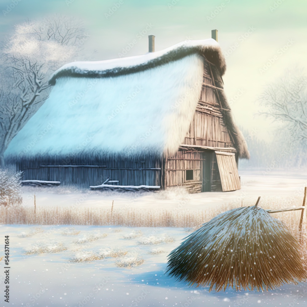 美丽的冬季自然背景。乡村景观，有一个旧谷仓。茅草屋顶的谷仓覆盖着